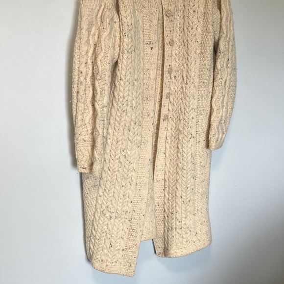 Donegal Knitters 100% Pure New Wool Cream Cable Knit Aran Cardigan Long Sweater - Picture 2 of 8